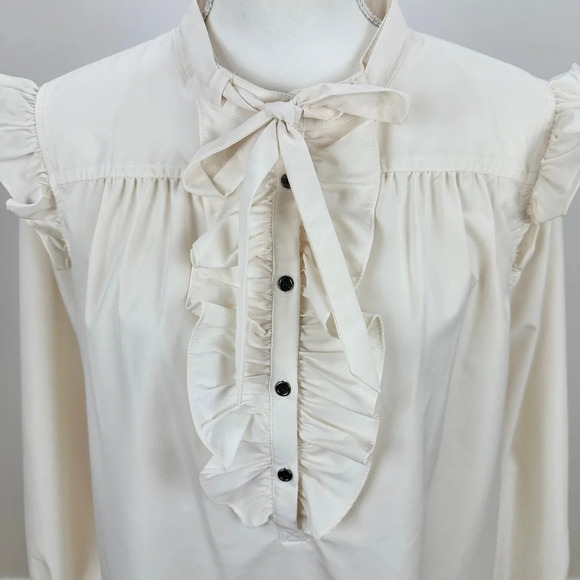 LDT Dress Womens Size 14 Romantic Ruffle Long Sleeve Collared Tie Shift Cream. - Picture 2 of 10